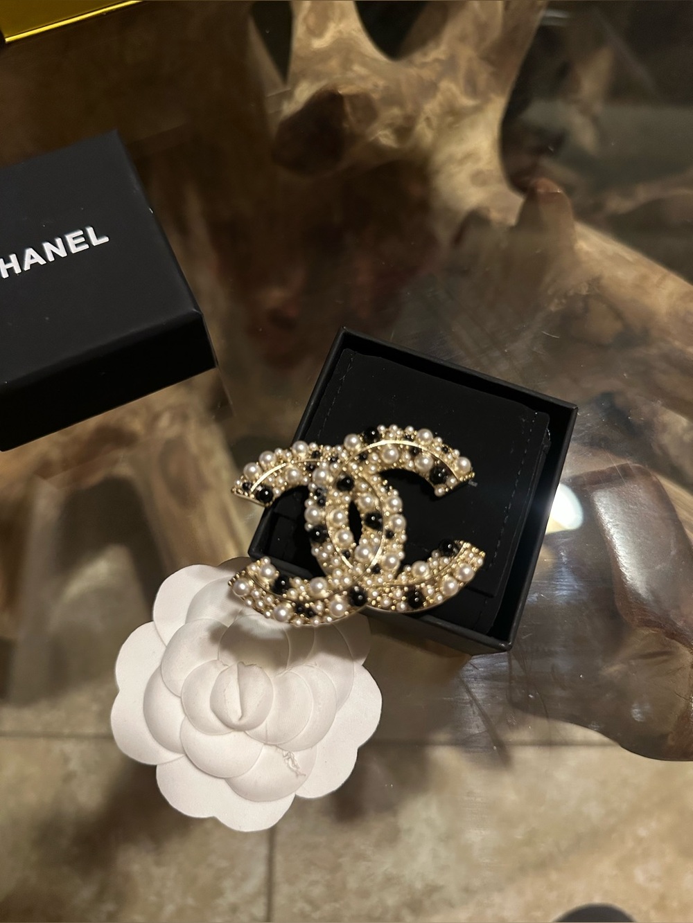 Chanel 2018 CC Faux Pearl & Black Resin Gold-Tone Brooch Pin